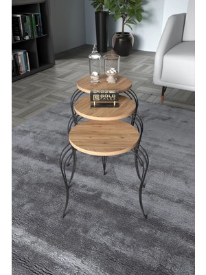 Quattro Home Lükens Metal Ayaklı Çam Desenli 3'lü Zigon Sehpa Takımı