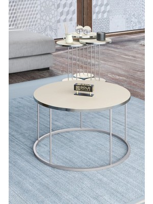 Quattro Home Gümüş Metal Ayaklı Krem Renkli 4'lü Sehpa Seti