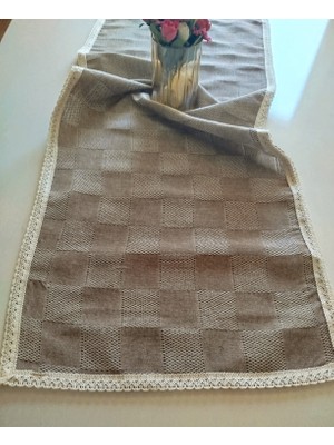 Denizli Hatırası Doğal Keten Kareli Yumuşak Kumaş Krem Güpürlü 47X110 cm Runner