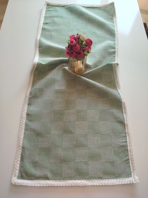 Denizli Hatırası Doğal Keten Kareli Yumuşak Kumaş Krem Güpürlü 47X110 cm Runner