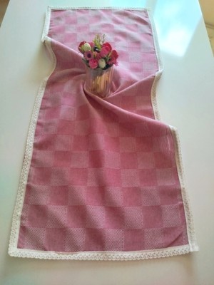 Denizli Hatırası Doğal Keten Kareli Yumuşak Kumaş Krem Güpürlü 47X110 cm Runner