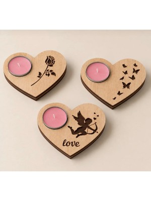Rokh ❤️ 3’lü Kalpli Ahşap Tealight Mumluk Seti 10X10 cm 🎁 Romantik Dekoratif Hediyelik