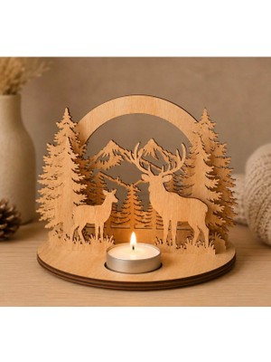 Rokh 🦌🌲 Geyik ve Orman Temalı Ahşap Tealight Mumluk 25X25 cm 🎁 Doğa Temalı Dekoratif Hediyelik