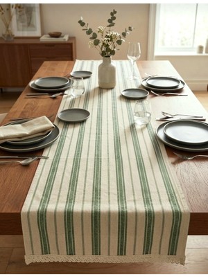 Denizli Hatırası Doğal Keten Çizgili Yumuşak Kumaş Krem Güpürlü 45X115 cm Runner