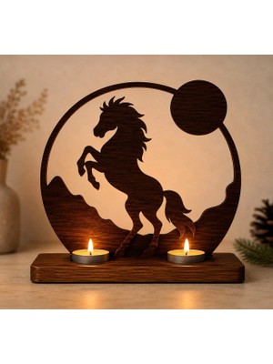 Rokh 🐎 Ahşap At Temalı Tealight Mumluk | Dekoratif Doğal Ahşap Mumluk 25X25 cm