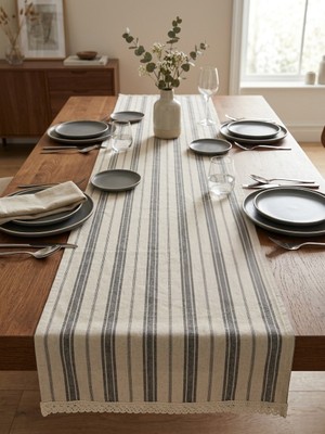 Denizli Hatırası Doğal Keten Çizgili Yumuşak Kumaş Krem Güpürlü 45X115 cm Runner
