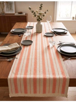 Denizli Hatırası Doğal Keten Çizgili Yumuşak Kumaş Krem Güpürlü 45X115 cm Runner
