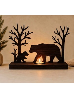 Rokh 🦌 Anne Ayı ve Yavrusu Temalı Ahşap Tealight Mumluk – Orman Dekoru – Lazer Kesim Tasarım
