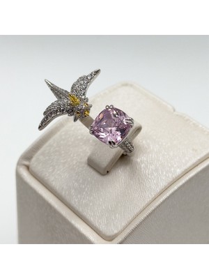 Livora Jewelry 925 Ayar Gümüş Pembe Kuvars Taşlı Özel Tasarım Kadın Yüzük