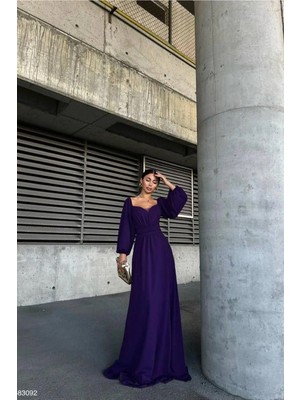 Euro Class Saten Kumaş Kare Yaka Maxi Abiye Elbise