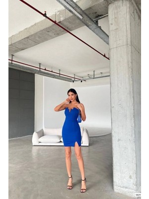Euro Class Straplez Yırtmaçlı Mini Abiye Elbise