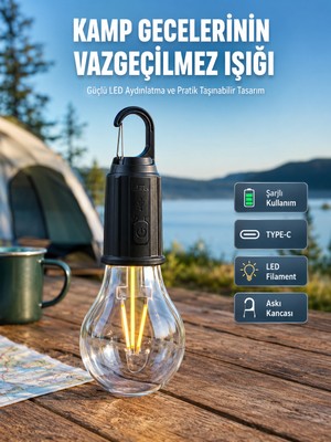 Esranın Dünyası Şarjlı Aydınlatma Ampul Tasarımlı Ambians Işık Askılı Kamp Lambası - Lisinya