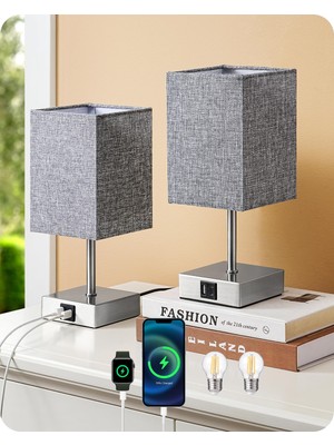 Edishine Edıshıne 2 Başucu Lambası Seti, Dokunmatik Dimmer, 2 USB Bağlantı Noktası, Gri