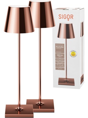 Sigor Sıgor Nuindie 2.0 Pille Çalışan Masa Lambası, 2'li Set, Bakır Rengi
