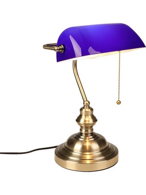 Fırvre Mavi Cam Bankacı Masa Lambası Vintage Klasik Amerikan Masa Lambası Bronz Kaplama Tabanı E27 Zincir Kemer Anahtarı Ofis Kütüphane Çalışma Odası Yatak Odası Için