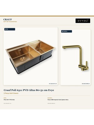 Crauf Poli 6311 Altın 86X51 cm Evye + Pesce 4060 Batarya 2 Parça Set