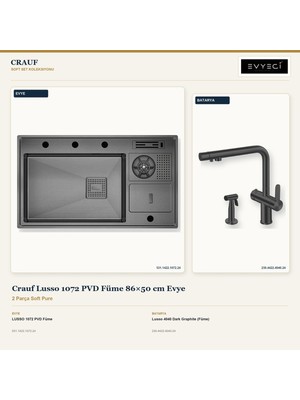 Crauf Lusso 1072 Füme 86X50 cm Evye + Lusso 4040 Batarya 2 Parça Set