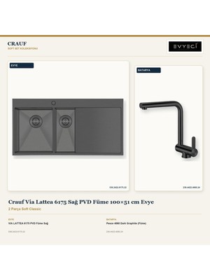 Crauf Via Lattea 6175 Sağ Füme 100X51 cm Evye + Pesce 4060 Batarya 2 Parça Set