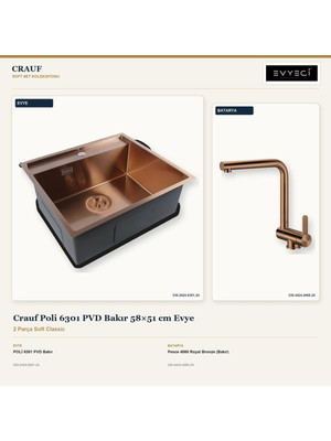 Crauf Poli 6301 Bakır 58X51 cm Evye + Pesce 4060 Batarya 2 Parça Set