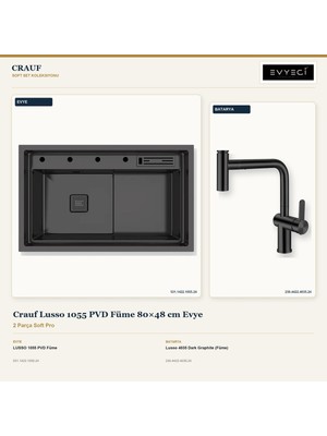 Crauf Lusso 1055 Füme 80X48 cm Evye + Lusso 4035 Batarya 2 Parça Set