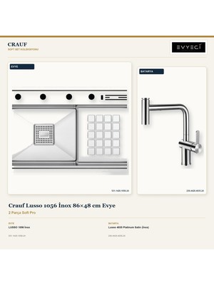 Crauf Lusso 1056 Inox 86X48 cm Evye + Lusso 4035 Batarya 2 Parça Set