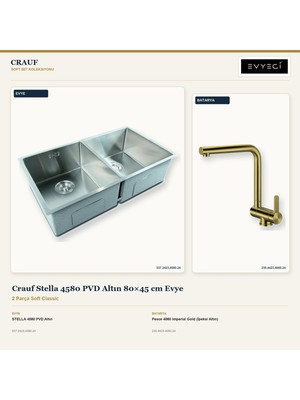 Crauf Stella 4580 Altın 80X45 cm Evye + Pesce 4060 Batarya 2 Parça Set