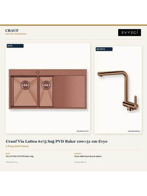 Crauf Via Lattea 6175 Sağ Bakır 100X51 cm Evye + Pesce 4060 Batarya 2 Parça Set