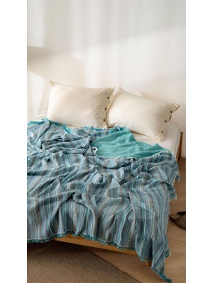 TeknoKapsül Rayme Tekstıl Boho Çizgili Yatak Örtüsü 4 Katlı MÜSLIN%100 Pamuk Yumuşak Lüks Yazlık Pike Çift Kişilik Battal Boy 240X260 cm (Mavi)
