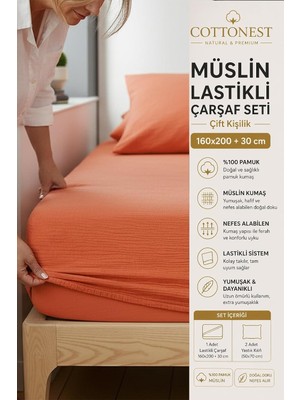 TeknoKapsül Müslin Çift Kişilik Lastikli Çarşaf Seti 160 x 200 cm Battal BOY%100 Pamuk