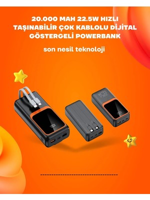 Teknodayım Powerbank 20000 Mah | 22.5W Hızlı Şarj, Dahili Kablolu, LCD Ekranlı Şarj Cihazı