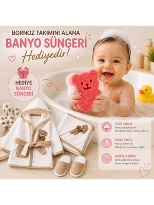 Ens Group Avm Bebek Bornoz Seti %100 Pamuk 0-1 Yaş Kapüşonlu Yenidogan Ayıcık Nakişli Bornoz Havlu Terlik Kese + 4 Renkli Banyo Süngeri Hediyeli
