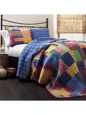 TeknoKapsül Lush Decor Misha Yorgan | Yama Işi Bohem Ters Çevrilebilir Baskı Desenli 3 Parça Yatak Seti - Battal Boy - Fuşya ve Mavi
