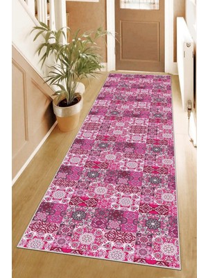 TeknoKapsül Pelangi Kilim Desenli Etnik Dijital Baskı Yıkanabilir Kaymaz Taban Modern Salon Halı ve Yolluk, Pembe 80 x 500, 9554926805007