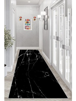 TeknoKapsül Pelangi Mermer Desenli Dijital Baskı Yıkanabilir Kaymaz Taban Modern Salon Halısı ve Yolluk, Siyah 80 x 600, 9554221806007