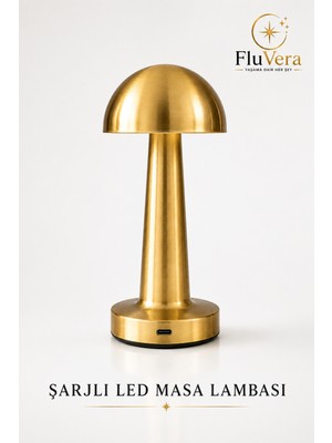 Fluvera Şarjlı Masa Lambası Gold Mantar | Kablosuz LED Dokunmatik Gece Lambası