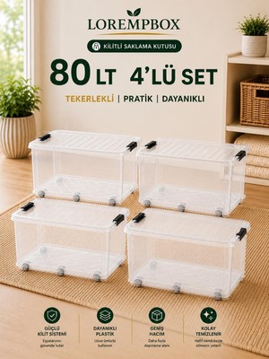 Lorempbox 80 Lt Büyük Boy Saklama Kutusu 4’lü Set – Kapaklı, Kilitli, Istiflenebilir Çok Amaçlı Düzenleme Kutusu
