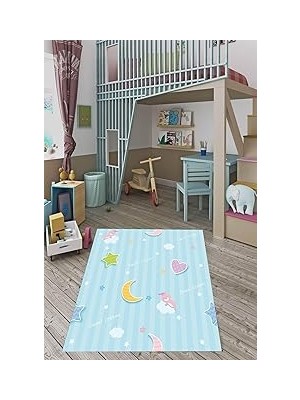 TeknoKapsül Pelangi Sweet Dreams Ayıcık Desen Dijital Baskı Yıkanabilir Kaymaz Taban Leke Tutmaz Çocuk Odası Halısı, Turkuaz 80 x 600
