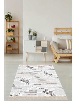 TeknoKapsül Pelangi Çiçek Desenli Dijital Baskı Yıkanabilir Kaymaz Taban Vintage Salon Halı ve Yolluk, Açık Gri 160 x 240