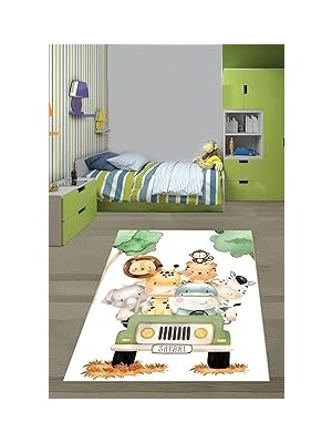 TeknoKapsül Pelangi Safari Hayvanlar Fil Aslan Zürafa Yıkanabilir Kaymaz Taban Leke Tutmaz Çocuk Odası Halısık, Yeşil-Beyaz-Gri 160 x 230, 76420041602301