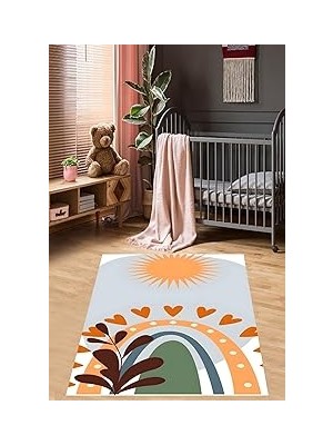 TeknoKapsül Pelangi Gökkuşağı Güneş Kalp Iskandinav Stil Yıkanabilir Kaymaz Taban Leke Tutmaz Çocuk Odası Halısık, Turuncu-Mavi-Beyaz 180 x 250, 76420411802501
