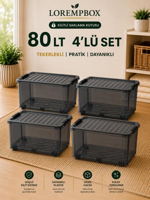 Lorempbox 80 Lt Büyük Boy Saklama Kutusu 4’lü Set – Kapaklı, Kilitli, Istiflenebilir Çok Amaçlı Düzenleme Kutusu