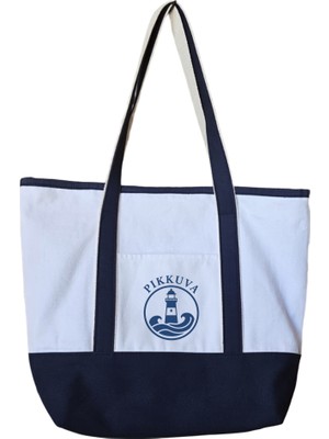 Bumudur Aksesuar Koyu Mavi Fener Figürü Minimalist Logo Küçük Baskılıı Premium Marina Omuz Çantası