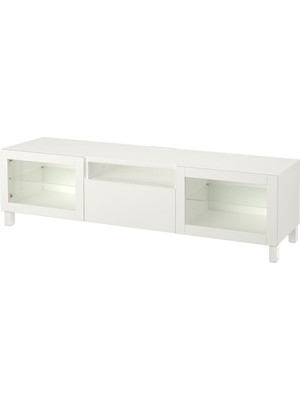 Hobiurun Tv Sehpası, Beyaz-Şeffaf Cam, 180X42X48 Cm, Lappvıken/sındvık, Çıt Çıt Raylı