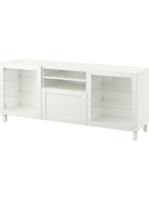 Hobiurun Tv sehpası, beyaz-şeffaf cam, 180x42x74 cm, HANVIKEN/SINDVIK, çıt çıt raylı