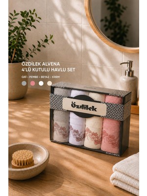 Özdilek El ve Yüz Havlusu 4 Lü Kutulu Alvena Gri Pembe Beyaz Krem