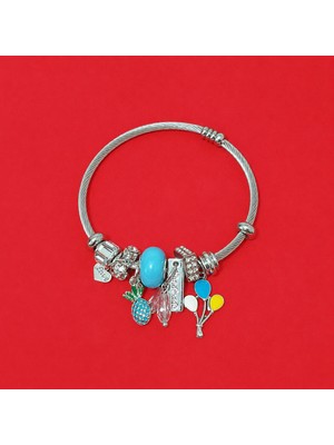 eg ticaret turkuaz boncuklu ananas ve balon charm çelik bileklik 