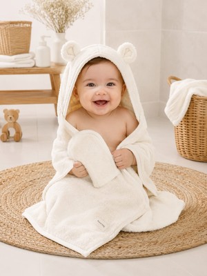 Babys Tasarım Bebek Banyo Havlusu ve Banyo Kesesi Seti Beyaz %100 Pamuk Yumuşak Dokulu Yenidoğan Bebek Havlusu