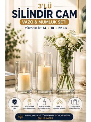 Open Home Concept 3'lü Silindir Cam Vazo Mumluk Seti 14-18-22 cm Şeffaf Dekoratif Masa Salon Vazo Takımı