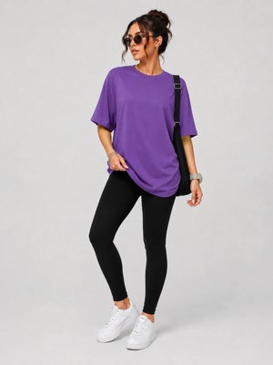 Mügerella %100 Pamuk Oversize Kalıp Bisiklet Yaka Tişört / T-Shirt ve Toparlayacı Mikro Fiber Likralı Dar Paça Tayt Bir Arada