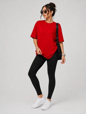 Mügerella %100 Pamuk Oversize Kalıp Bisiklet Yaka Tişört / T-Shirt ve Toparlayacı Mikro Fiber Likralı Dar Paça Tayt Bir Arada